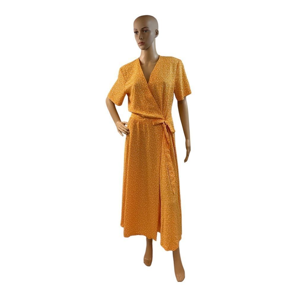 Liz Claiborne WOMENVintage Orange Floral Polyester Wrap Styled Dress 1990s SZ 8.